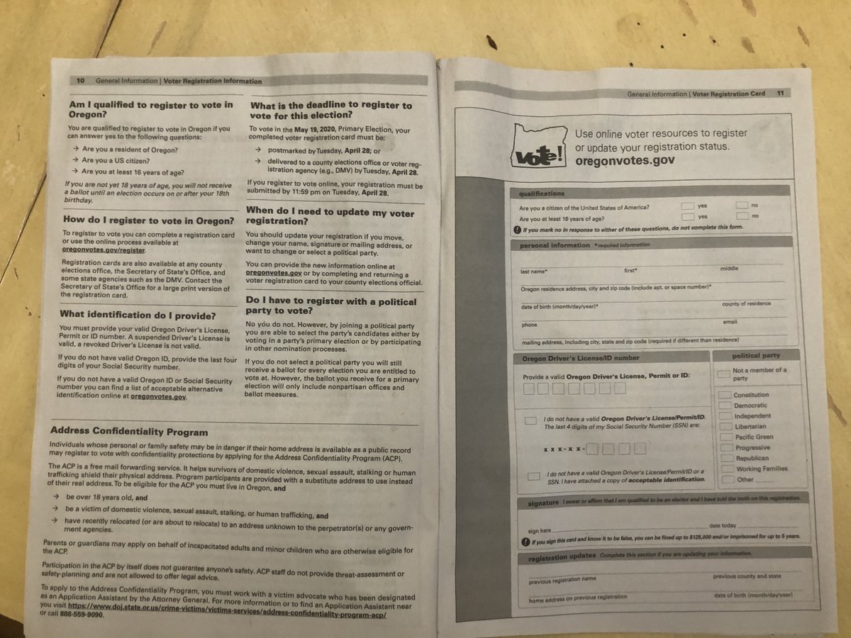 Several weeks before election day, voters get ballots in the mail, and EVERY household in the state gets this voters' pamphlet. This gives people time to register if they want to, and it shows them how, even info about the parties. (My cats knocked over a vase onto it, sorry.)