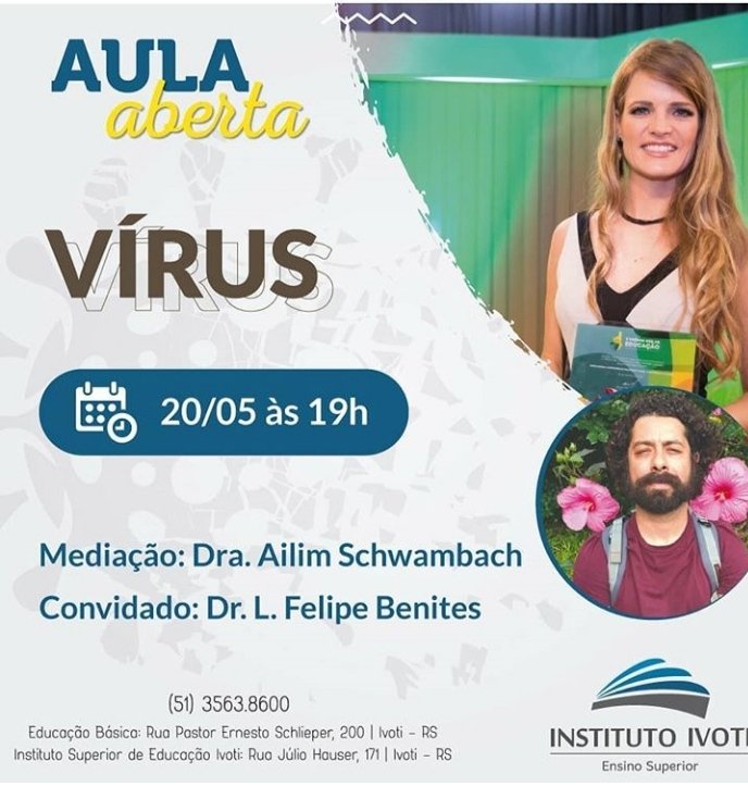 Amanhã irei participar de uma aula aberta do Instituto de Educação de Ivoti/RS com a prof. dra. Ailim Schwambach! Vamos conversar sobre o papel dos Vírus, e estão todos convidados para se juntar à nós por esse link: meet.google.com/tik-fkko-yvd