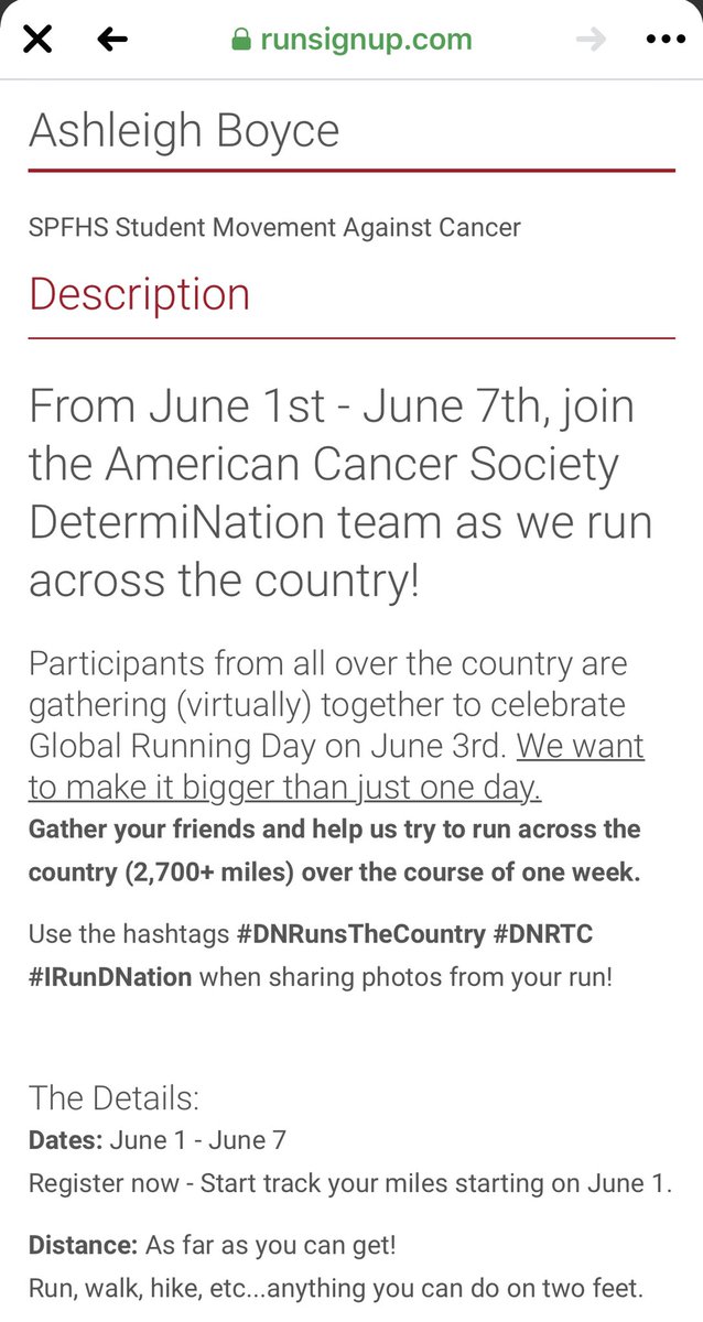 msaboyce's tweet photo. Join me on Team @smac_spfhs as we run across the country with @AmericanCancer DetermiNation team to raise awareness and funds for those fighting cancer! #DNRTC #RelayforLifeSP https://t.co/cDpSXQAFjj
