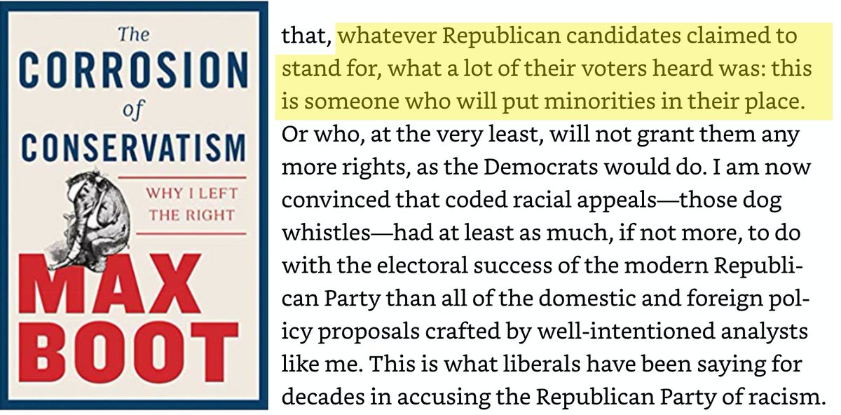 1/ One way the GOP gets votes is by nurturing and stoking racial grievances. They get certain people to vote against their economic interests by offering something they want more: Putting minorities in their places.From  @Maxboot (Notice the hierarchical thinking)