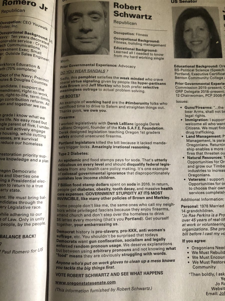 The candidates are randomized on the ballot (and in the same order in the booklet), so there& #39;s no indication who has big money behind them. Platforms treated equally. Here& #39;s an angry rando running for the GOP US Senate nom. He gets the same treatment as actual serious candidates.