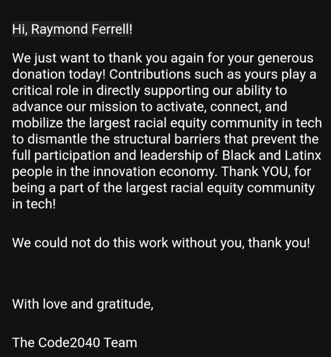 RaymondRferrel9's tweet photo. @xkaitlyncarter @Code2040 #2040Memories joining the first welcome weekend and going from knowing 3 black and brown engineers to over 100! βπΏ I nominate @kenin3D and @fmjosuel to share theirs and donate to #GivingTuesdayNow https://t.co/Ev5bpMPxPe