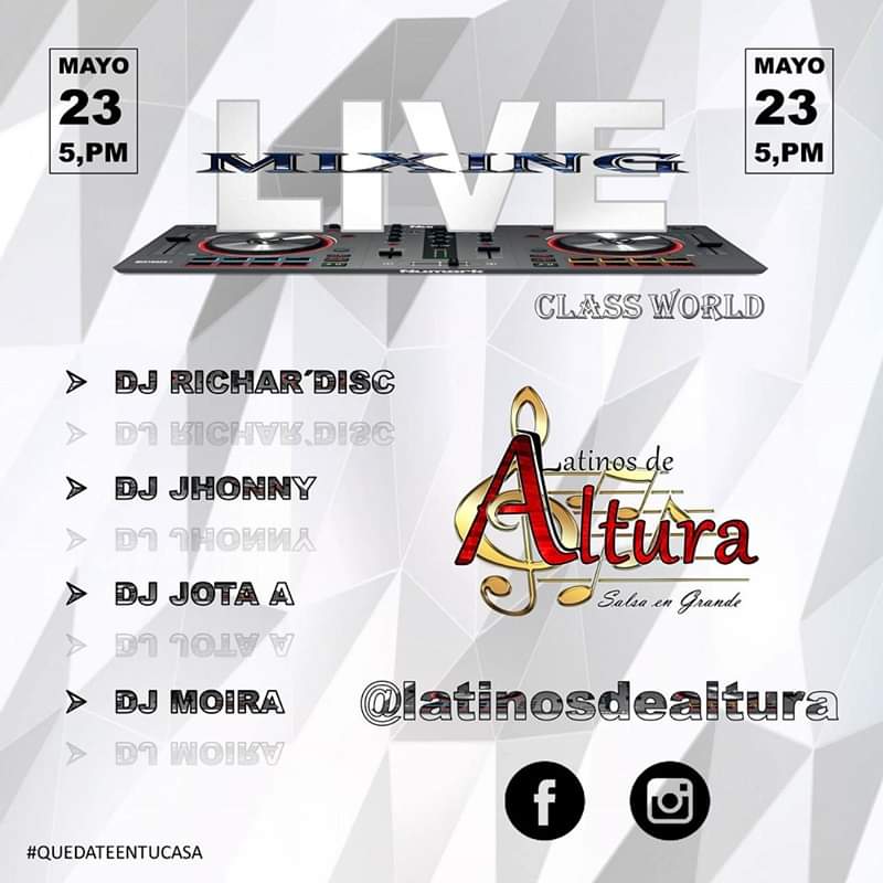Y seguimos llevandote la rumba a donde estas #quedateentucasa y disfruta de algo diferente y con calidad, musica sabrosa con los Djs <a href="/latinosdealtura/">Latinos De Altura</a> Mezclando en vivo Dj Jhonny, Dj Richar´Disc <a href="/Richard/">Richard</a> Altuve oficial <a href="/Dj_Jota_A/">Dj Jota A</a> Dj Moira @djmoira10 Este Sábado 23 desde las 5:00pm