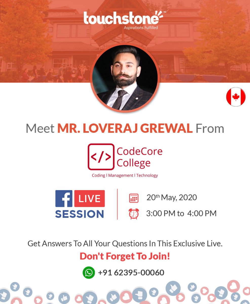 TouchstoneEdu's tweet image. e-Meet Mr. Loveraj Grewal, the Representative from #CodeCore College, #Canada
𝐉𝐨𝐢𝐧 𝐮𝐬 𝐨𝐧 𝐭𝐡𝐞 𝐅𝐁 𝐋𝐈𝐕𝐄 𝐨𝐧 𝟐𝟎𝐭𝐡 𝐌𝐚𝐲 𝟐𝟎𝟐𝟎, 𝐓𝐨𝐝𝐚𝐲 𝐚𝐭 𝟑:𝟎𝟎 𝐏𝐌
Send us a Whatsapp message at +91 62395 00060 for more details. #Touchstone #CodeCoreCollegeCanada