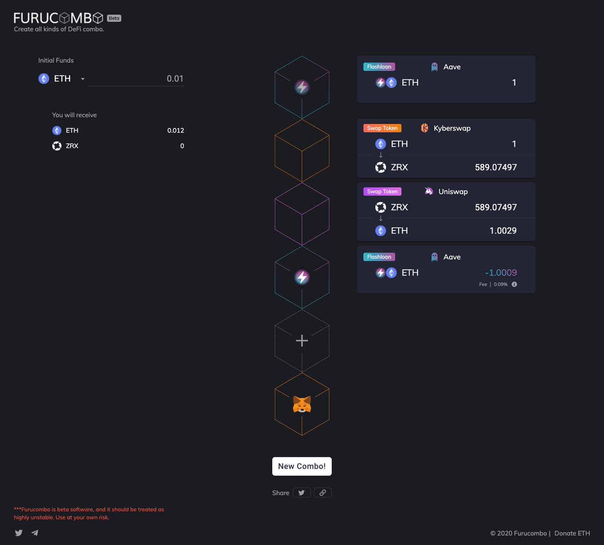 Blake_hotcode's tweet photo. My 1st profitable arbitrage!! Thanks to @furucombo @AaveAave @UniswapProtocol @KyberSwap 😍 https://t.co/V1VYTjce2K