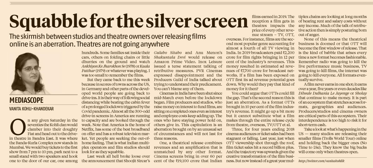 vanitakohlik's tweet photo. Cinema screens bring in over 60 per cent of the Rs 19,100 crore that Indian films earned in 2019. A film's theatrical performance impacts the price of every other revenue stream; TV, OTT, overseas. OTT cannot substitute what a film makes in its life cycle https://t.co/h1BXYSp6XB https://t.co/KXoLmrBX1K