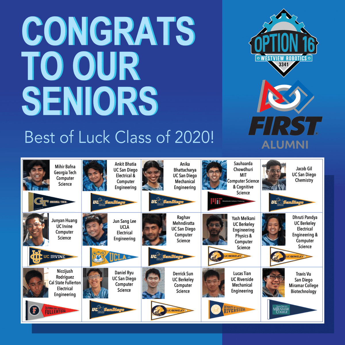 Congratulations to our FRC #3341 Option 16 Class of 2020 Seniors!!  We are so proud of all of you!!  Be the FORCE of Change!!  #option16 #FSD2020 #FIRSTSigningDay #FIRSTinCA <a href="/firstsigningday/">FIRST Signing Day</a>