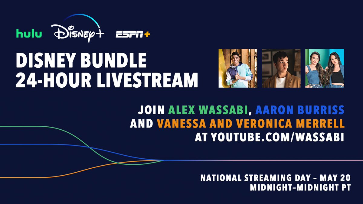 Livestream, but make it 24 hours of #StreamingDay epicness for the #DisneyBundle 💥 Can you believe @AlexWassabi, @AaronBurriss, & @MerrellTwins have been talking all things #DisneyPlus, @Hulu, and @ESPN+ since midnight?! And they’re just getting started! YouTube.com/Wassabi