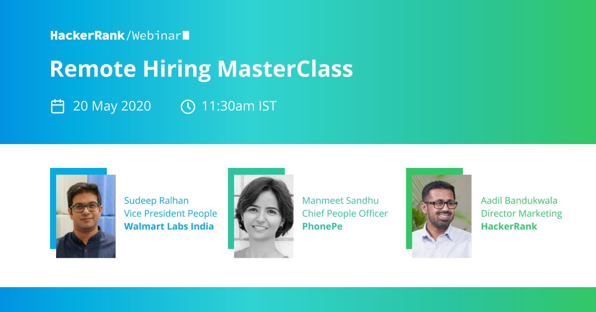 aadil's tweet photo. Going live in 45 mins from now at 11:30 AM IST! Excited about @HackerRank's #RemoteHiringMasterClass with @WalmartLabsInd's Vice President People Sudeep Ralhan &amp; @PhonePe_'s Chief People Officer Manmeet Sandhu. Join us! https://t.co/UYUTGZ045d https://t.co/EN7EI6oLQi