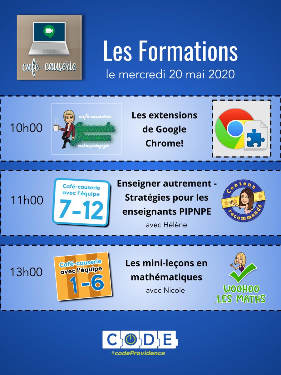 Rejoingnez-nous demain pour nos formations via 
<a href="/google_meet/">Google_Meet</a> <a href="/CscProvidence/">Csc Providence</a>
 #apprentissageadistance #codeprovidence #cavabienaller