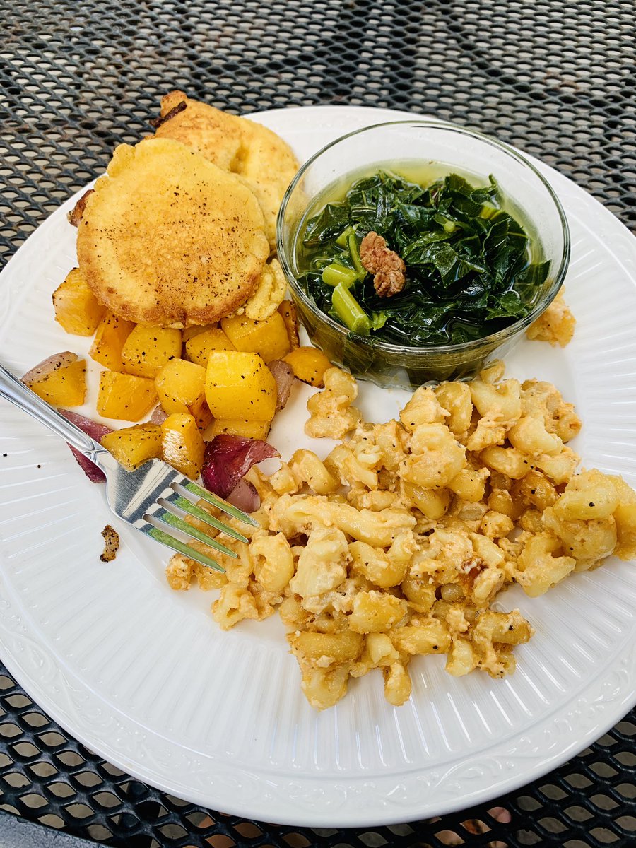 loriharvin's tweet photo. Collard greens
Roasted Rutabagas 
Sharp pepper jack mac-n-cheese
Hoe cakes 
@chefandthef
#somewheresouthpbs https://t.co/ougc932fJs