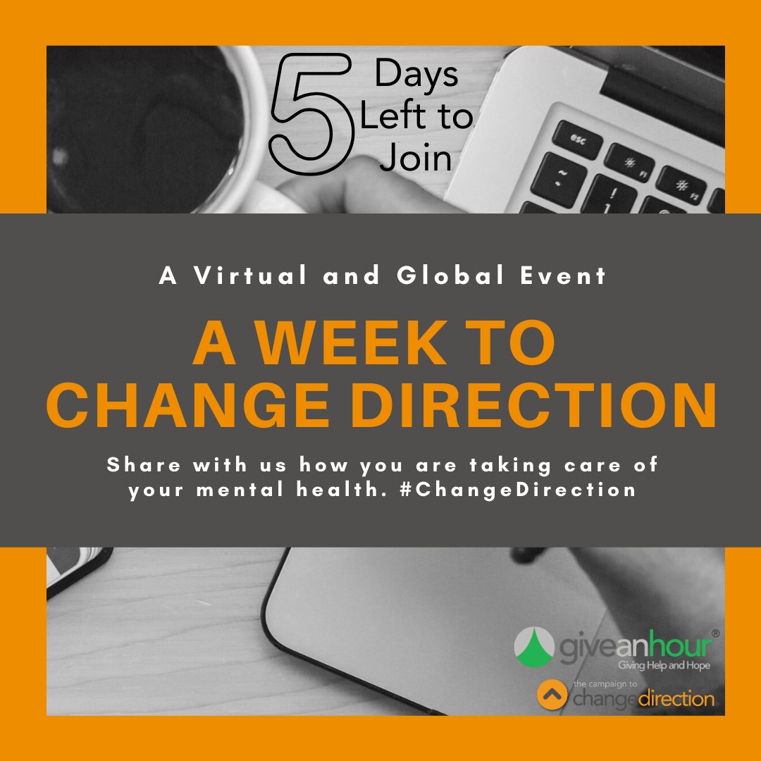 giveanhour's tweet photo. If you have not shown us how you are taking care of your emotional well-being there is still time. Snap a pic and share it with us by using #ChangeDirection. More information on A Week to Change Direction: https://t.co/njFHtQi3jD https://t.co/I92bFdQ4Rb