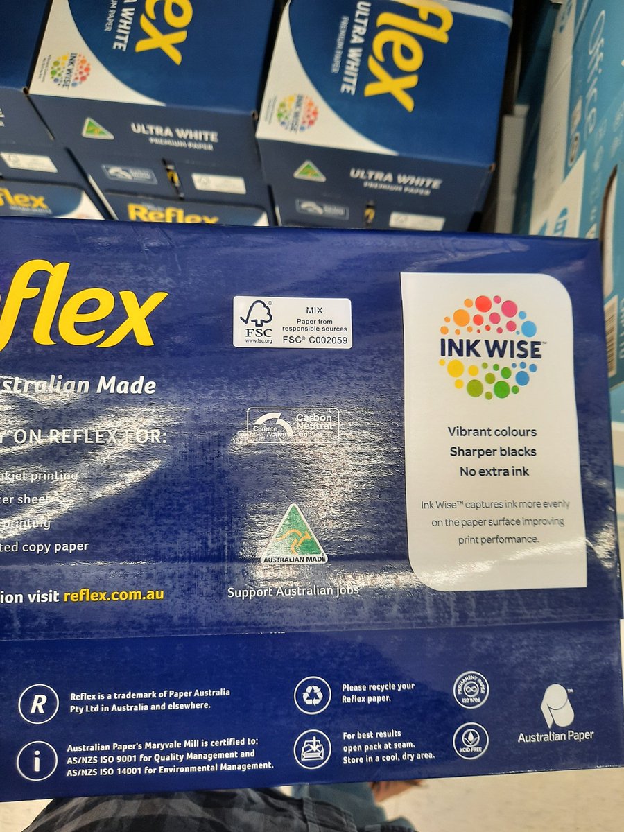 Well. This intrepid possum went down to Officeworks, and found this. Reflex Ultra White copier paper. Yeah, big deal. But have a look at the logo. FSC Mix.