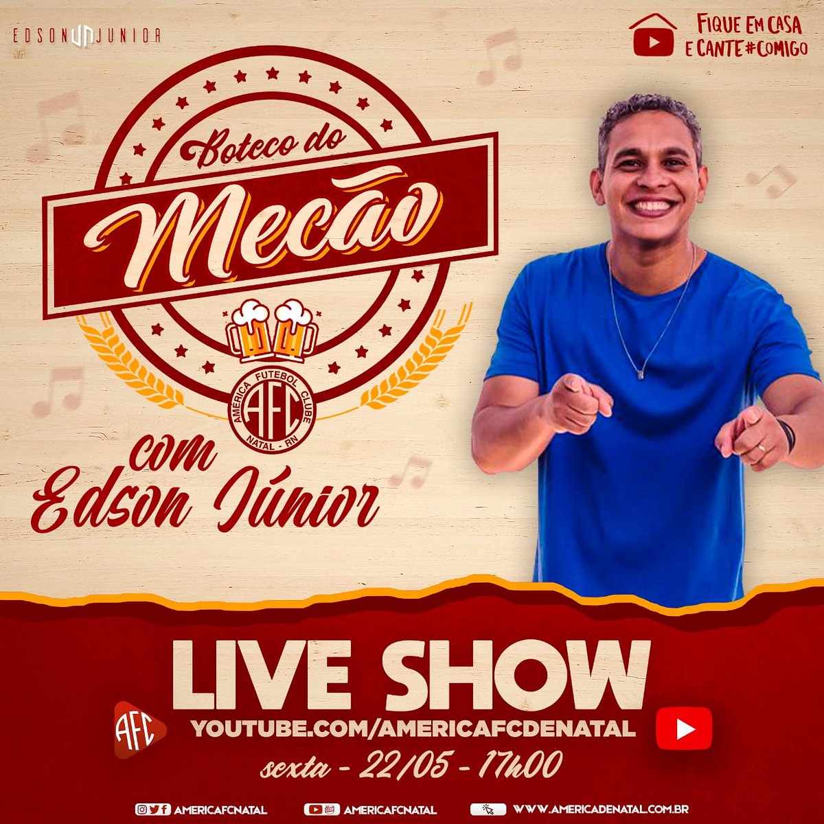 AmericaFCNatal's tweet photo. Alô, MAIOR! O próximo #BotecoDoMecão está definido e traz o swing de #EdsonJunior.
E aí, tá preparado? #fiqueemcasaecantecomigo🎤❤️ https://t.co/xK0bumk0rq