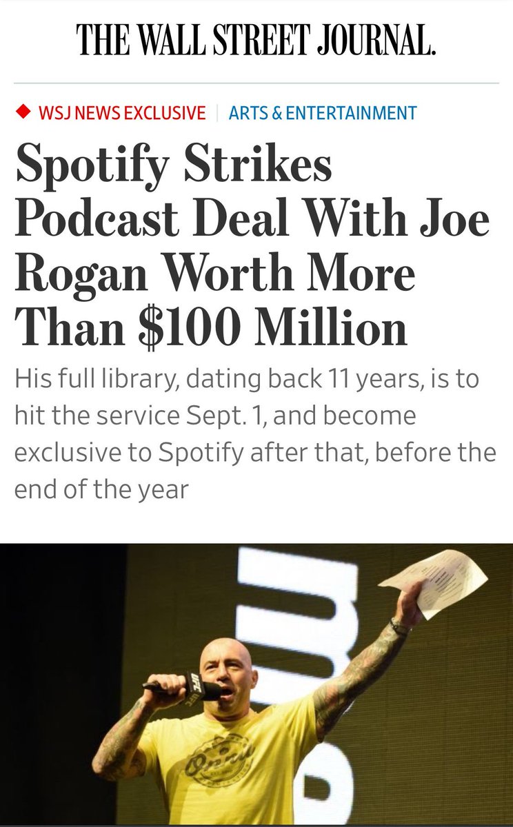 LaSafaeraPR's tweet photo. El famoso “podcaster” Joe Rogan firma con Spotify.
El trato es de aproximadamente 100 millones. El podcast será exclusivo en Spotify antes del 2021.
#SafaeraPR https://t.co/gSBzd57jle