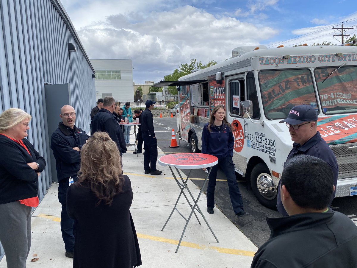 1230 hrs - EMS Week lunch #TacoTuesday Having lunch with Paramedics, EMTs, Medical Dispatchers, Logistics Technicians, Administrative staff, Flight Paramedics, & Mechanics. The whole  @REMSAHealth crew keeps mobile healthcare safe and available in  @washoecounty.  #AlwaysReady