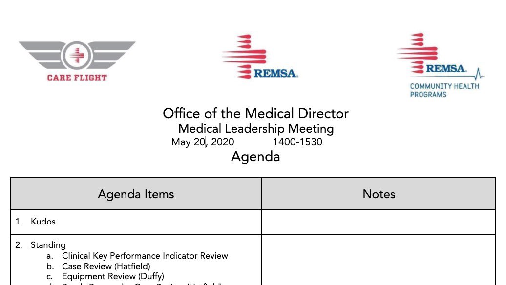 1415- Medical LeadershipOur Medical Directors put the “M” in EMS! Working on the agenda for the medical leadership meeting tomorrow. Using performance indicators & case reviews to guide protocols to support the clinically excellent, compassionate care our crews provide.  #EMSDocs