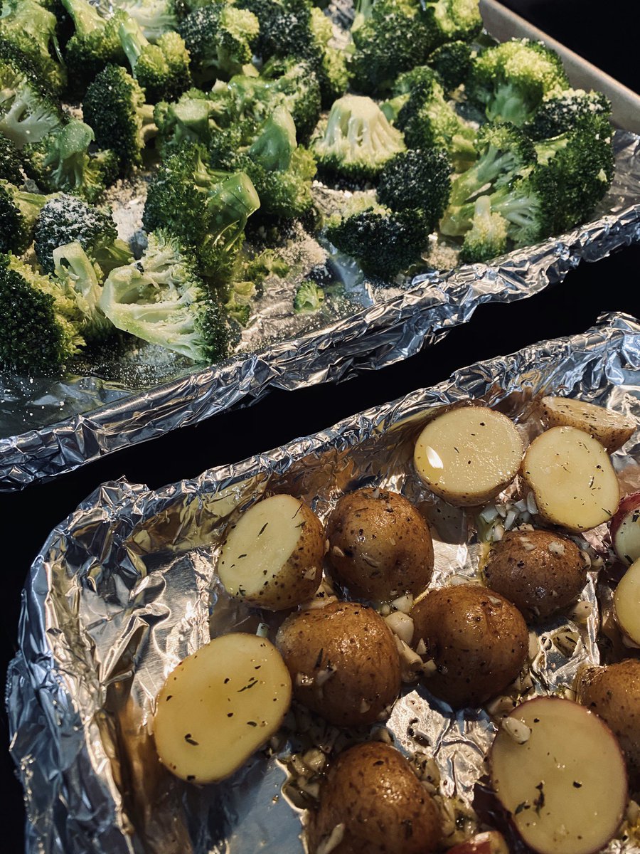Dinner by me - I felt like roasting almost everything lol: - Roasted garlic potatoes - Roasted broccoli; sprinkled with garlic powder and Parmesan cheese - Roasted sweet corn, sprinkled with Parmesan cheese- Organic quinoa- Decor by Parsley 