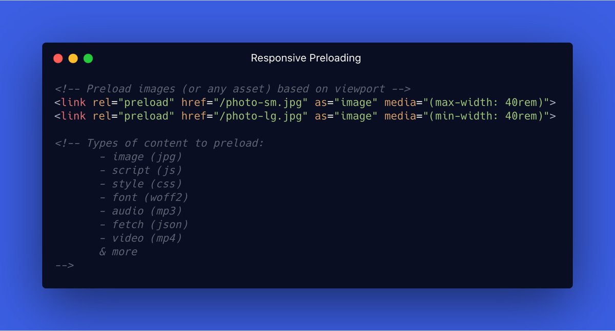 TILperf's tweet photo. Responsive Preloading: Use rel="preload" and media-queries in your <head> to preload images (or almost any content) based on viewport size.
#wpo #webpref #TIL https://t.co/gheBwAFOkJ