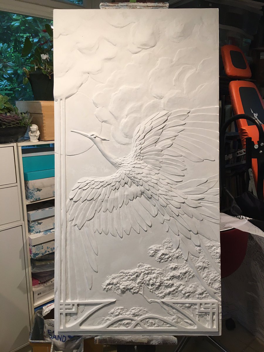 MichelePeraino's tweet photo. In this time of uncertainty, we should create! One more day of refinement, & the 2nd panel will be finished. I will start painting and #guilding the 1st panel, now that it has cured. #ArtistOnTwitter #artshare #ARTSHARE #drywallart #sculptor #sheetrockart #QuarantineLife #artist https://t.co/Ql8f9fwcIm