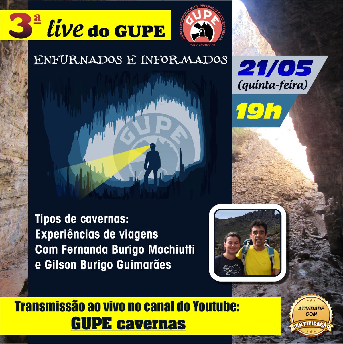 espeleogupe's tweet photo. Nesta semana teremos a terceira live do Enfurnados e Informados! Inscreva-se no nosso canal do YouTube e acompanhe! #ficaemcasa  #espeleo #espeleologia #cavernas https://t.co/uPg9T7T64U https://t.co/iVZZKUS6X9