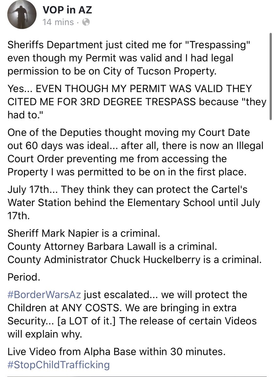 Here’s Meyer’s statement about it. At the end he says “Border Wars [in AZ] just escalated...we will protect Children at ANY COSTS. We are bringing in extra Security...a LOT of it.”