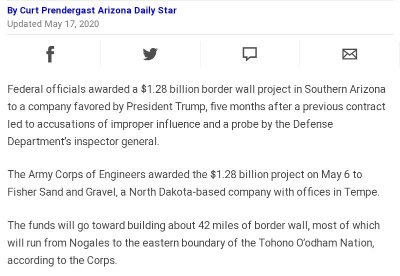 Federal officials awarded a 1.28 Billion border fence project to a company favored by Trump*...   https://twitter.com/brahmresnik/status/1262913665713520642?s=19