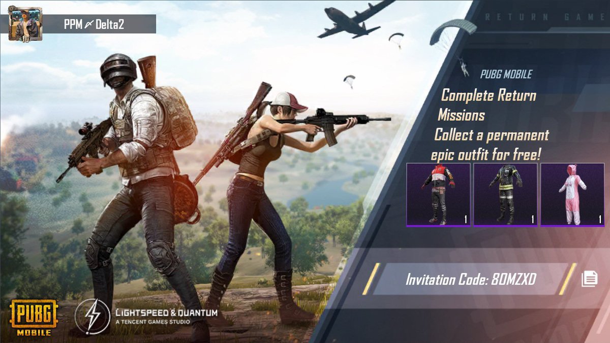 Complete PUBG MOBILE Return Missions! Collect a permanent epic outfit for free! My invitation code: 8OMZXD ig-url.igamecj.com/D7htMM1ZKjpW