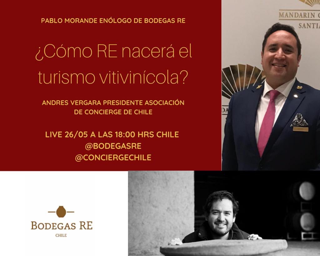 conciergechile's tweet photo. La Asociación de Concierge de Chile, los invita a acompañarnos en nuestro Live de Instagram. Estaremos con Pablo Morandé Desbordes, Enólogo de la Viña Bodegas RE, con quien
conversarmeos acerca del futuro del turismo vitivinicola post Covid19. @conciergechile @BodegasRE https://t.co/xLh6nU9leJ