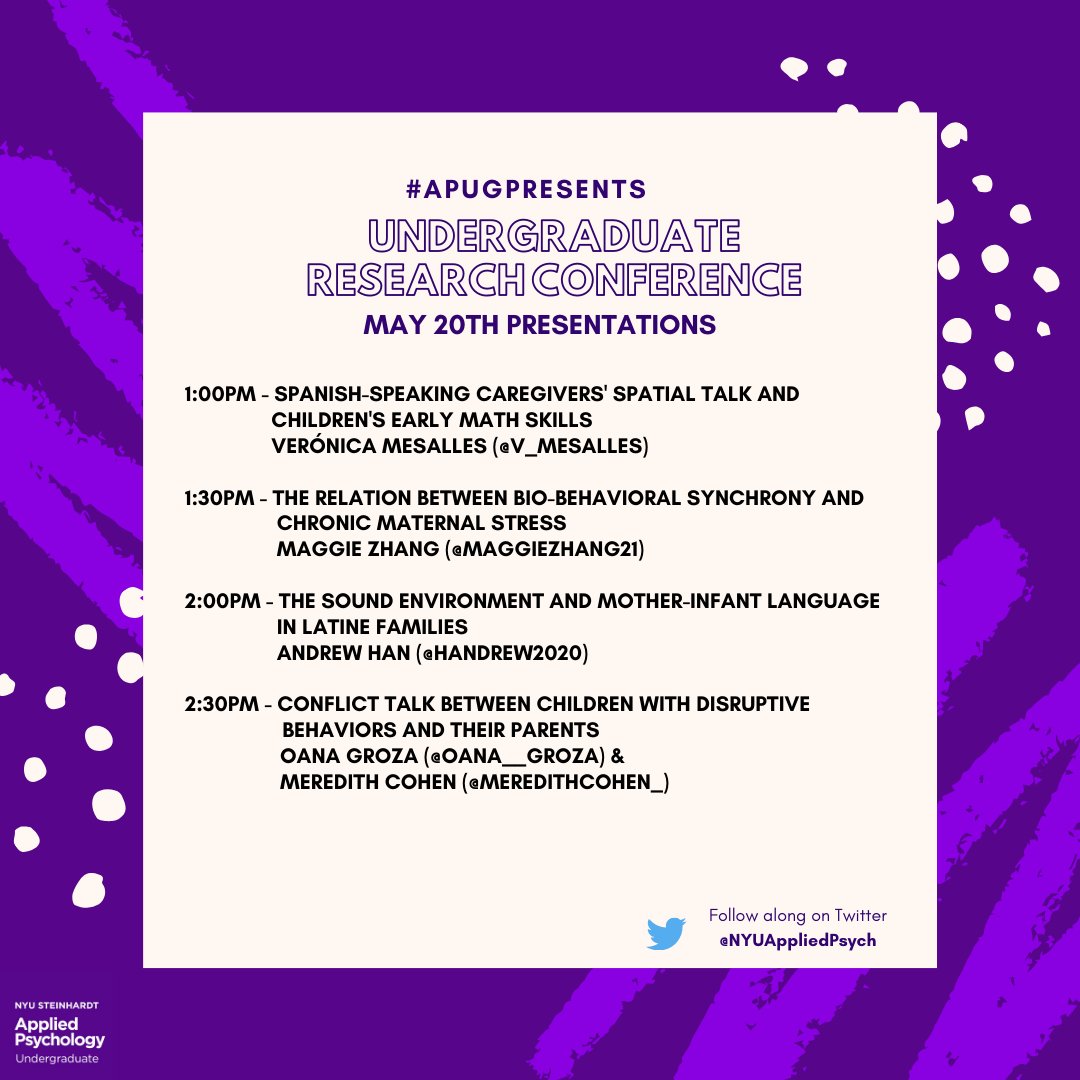 NYUAppliedPsych's tweet photo. Happening Today! #APUGPresents Day One of the annual Applied Psychology Undergraduate (APUG) Research Conference! Follow along at 1:00 PM EST to connect with our first group of presenters about their work #UndergraduateResearch #NYUAppliedPsychology https://t.co/2zLFXSJ4MH