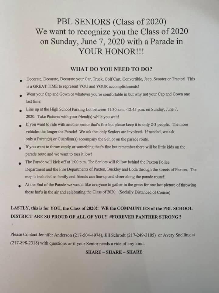 pblbluecrew's tweet photo. The Paxton Fire Dept., Police Dept. and town is sponsoring a senior parade for our 2020 class!!  Come out and support your Panthers!!  Line the streets, get out the PBL gear and cheer them on!!!  Be There!!!💙💛💙💛💙 https://t.co/16mAF2kTuL