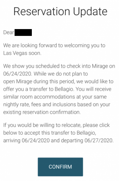 VitalVegas's tweet photo. MGM Resorts is offering folks with reservations at Mirage "similar room accommodations" at Bellagio. Not a bad thing. First available reservation at Mirage remains July 1. (via https://t.co/aV67RKTzsK) https://t.co/0eNLmnoELJ