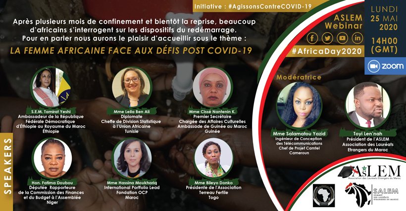 aslem_org's tweet photo. #Rabat #Webinaire #AfricaDay #ASLEM #SALEM2020 #OCP #MoroccoAlumniAssociations
Cliquez sur le lien : https://t.co/CToesjoTjH
Rendez-vous le Lundi 25 mai 2020 à 14h au #AfricaDay de l'#ASLEM avec #SalamatouYazid, Vice-Présidente de #SALAM
#AfricaDay #AgissonsContreCovid19 https://t.co/PxKGbGRflQ