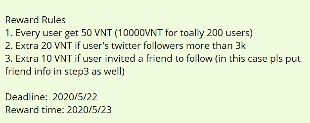 VNTChainLabs's tweet photo. Rewards 10000 VNT, Every individual user can get 50 VNT!

VNT bonus,  reward steps:
1. Follow us（we will check followers list to confirm）
2. Retweet+comment " friends, follow VNT to get bonus"
3. Comment your VNT wallet address

Reward Rules https://t.co/IqJuK2kcqF