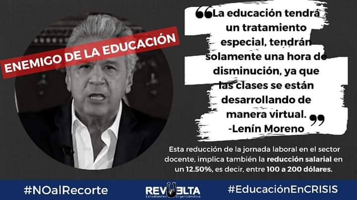 La modalidad virtual en línea se usa como  una excusa para poder darle legitimidad a los despidos de docentes y al recorte presupuestario.
#NOalRecorte
#NOalRecorteUniversitario
#medidaseconomicas
#Covid_19
#Paquetazo
#Covid_19
<a href="/wambraEc/">Wambra Medio Comunitarioᅠ</a> <a href="/TVCEcuador/">TVC Ecuador</a> <a href="/teleamazonasec/">Teleamazonas</a> <a href="/eluniversocom/">El Universo</a>
