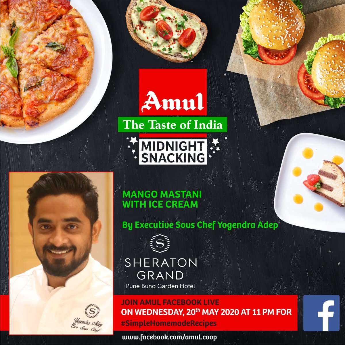 Amul_Coop's tweet photo. Join #Amul Facebook Live at 11 pm today for #MidnightSnacking by Chef Yogendra Adep, Executive Sous Chef, Sheraton Grand Pune Bund Garden Hotel
#Chef Yogendra will show to make delicious Cookies with Cream
#SimpleHomemadeRecipes
https://t.co/ubzm0KMNAo
#MastersofMarriott https://t.co/N6XAW1EBk6