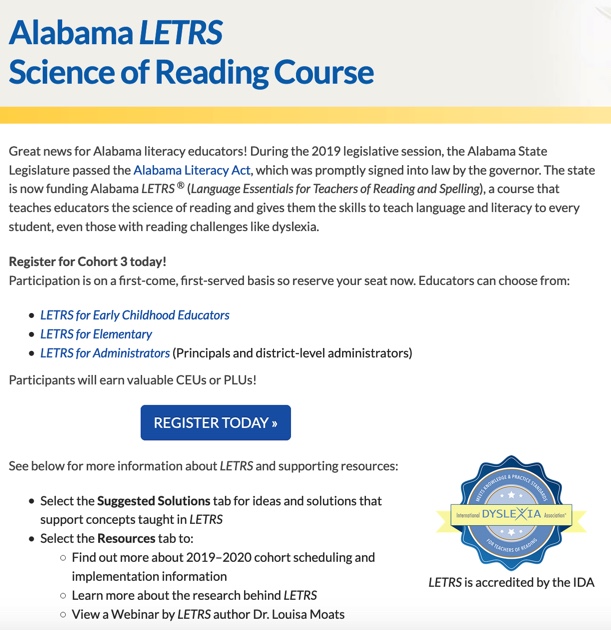 Alabama Teachers!  Make sure you are registered for the next Cohort of #AlabamaLETRS. 

In depth training in the science of reading and is accredited by IDA!  

voyagersopris.com/info/al-soluti…

<a href="/AlabamaAchieves/">Alabama State Department of Education</a>
<a href="/Alabama_Reading/">ARI / The Alabama Reading Initiative, ALSDE</a> <a href="/AlaSchoolBoards/">AlabamaSchoolBoards</a> <a href="/aplusala/">A+ Edu Partnership</a> <a href="/clasleaders/">CLAS</a>