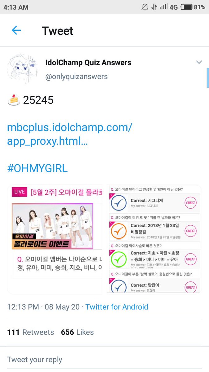 1.) make sure you have an idolchamp acc.2.) go to @.onlyquizanswers acc at twitter.3.) choose one quiz you wanna play (e.g. oh my girl quiz) then click the link and you will automatically find the oh my girl quiz!how to play it? i don't understand korean!CALM DOWN CHECK