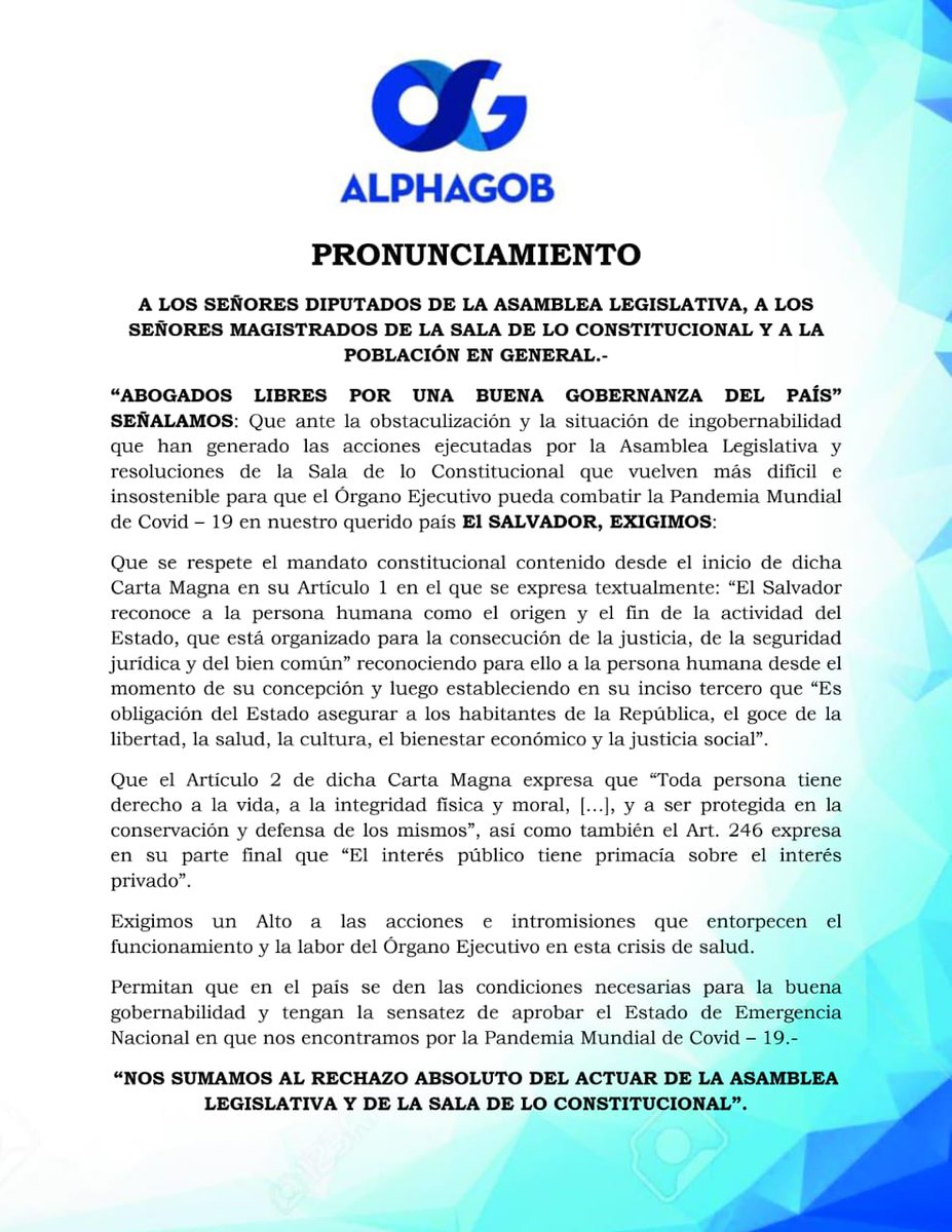 alphagob1's tweet photo. #comunicadoAlaSala
#comunicadoAlaAsamblea
"Nosotros como Abogados de la República nos pronunciamos contra la Resolución de la Sala de lo Constitucional y la omisión de la Asamblea Legislativa en esta Pandemia."
@nayibbukele @CONANCASTRO2 @gomez_argueta @SalaCnalSV 
@AsambleaSV https://t.co/1K30bfTgI8
