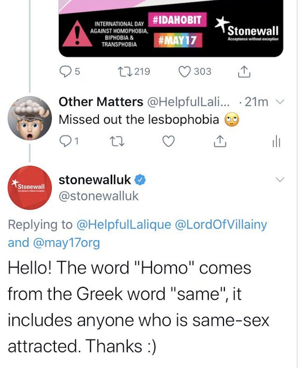ArielleScarcell's tweet photo. Shoutout to Stonewall UK for getting called out on missing "lesbophobia," saying that "homo" means same sex, so "homophobia" is for both gay men and lesbians...and then deleting their tweet because they realized by their own logic it's considered transphobic. #dumb https://t.co/4YMnlli8fI