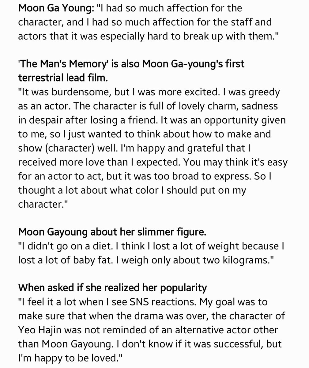 I'll just put the rest in one noteCredits to all the interviews https://n.news.naver.com/entertain/now/article/609/0000279069 https://n.news.naver.com/entertain/now/article/609/0000279068 https://n.news.naver.com/entertain/now/article/609/0000279067 https://n.news.naver.com/entertain/now/article/410/0000695171 https://n.news.naver.com/entertain/now/article/312/0000446493My trans is not perfect, so sorry for mistakes and some part hard to understand   #MoonGaYoung