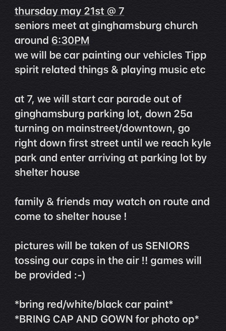 SENIORS AND SENIOR PARENTS! here is important information about a senior parade following the days of graduation :) SPREAD THE WORD AS IT IS VERY SOON! 🚗🎉