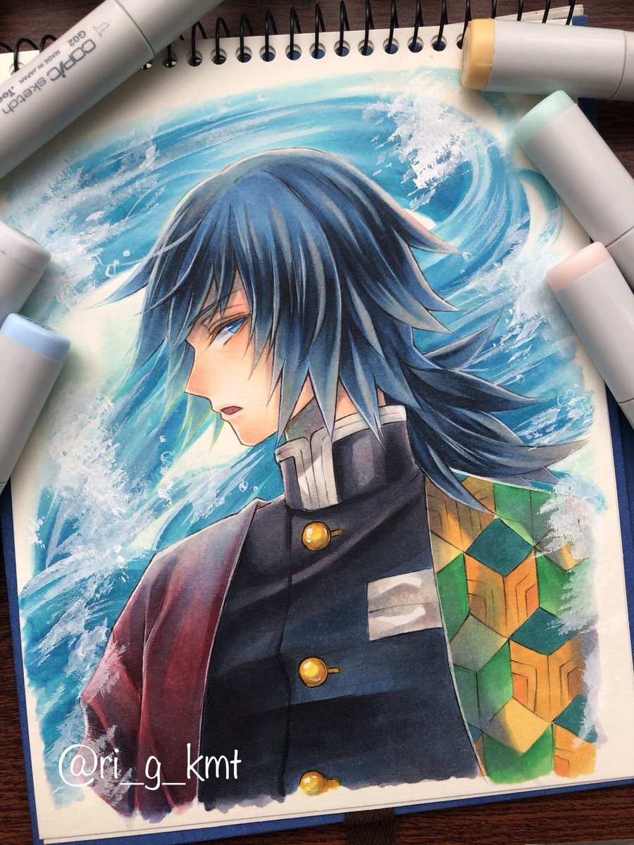 tomioka giyuu 1boy demon slayer uniform solo male focus blue eyes traditional media black jacket  illustration images