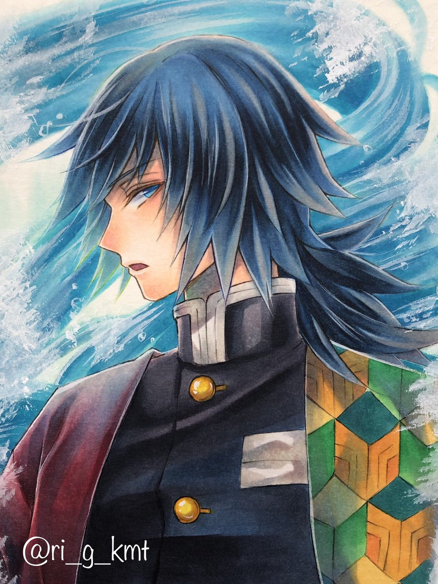 tomioka giyuu 1boy demon slayer uniform solo male focus blue eyes traditional media black jacket  illustration images