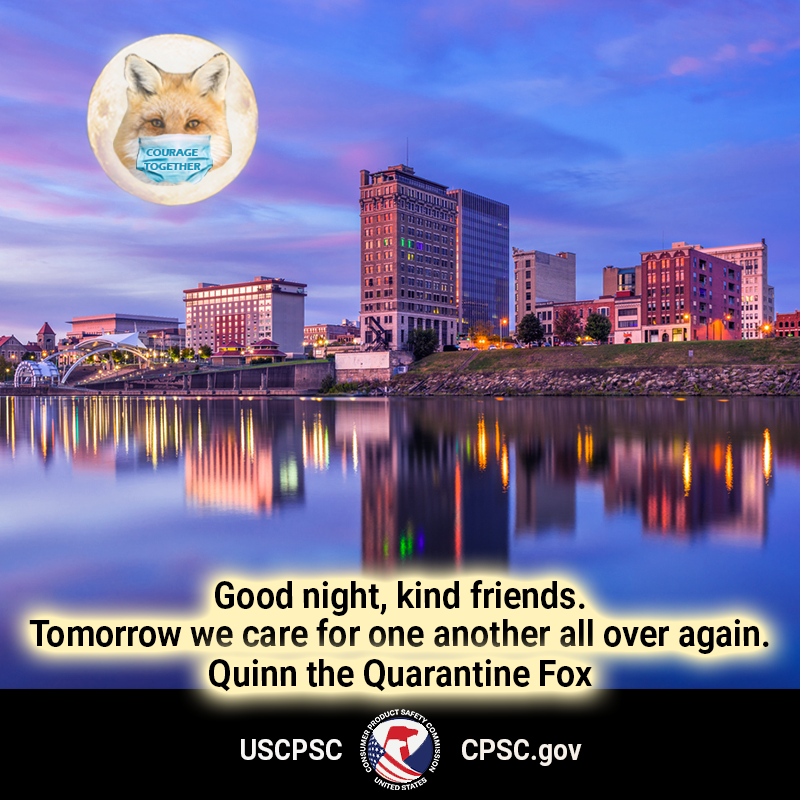 A fox in the moon over west virginia. The text reads: Good night kind friends. Tomorrow we care for one another all over again. Quinn the Quarantine Fox.