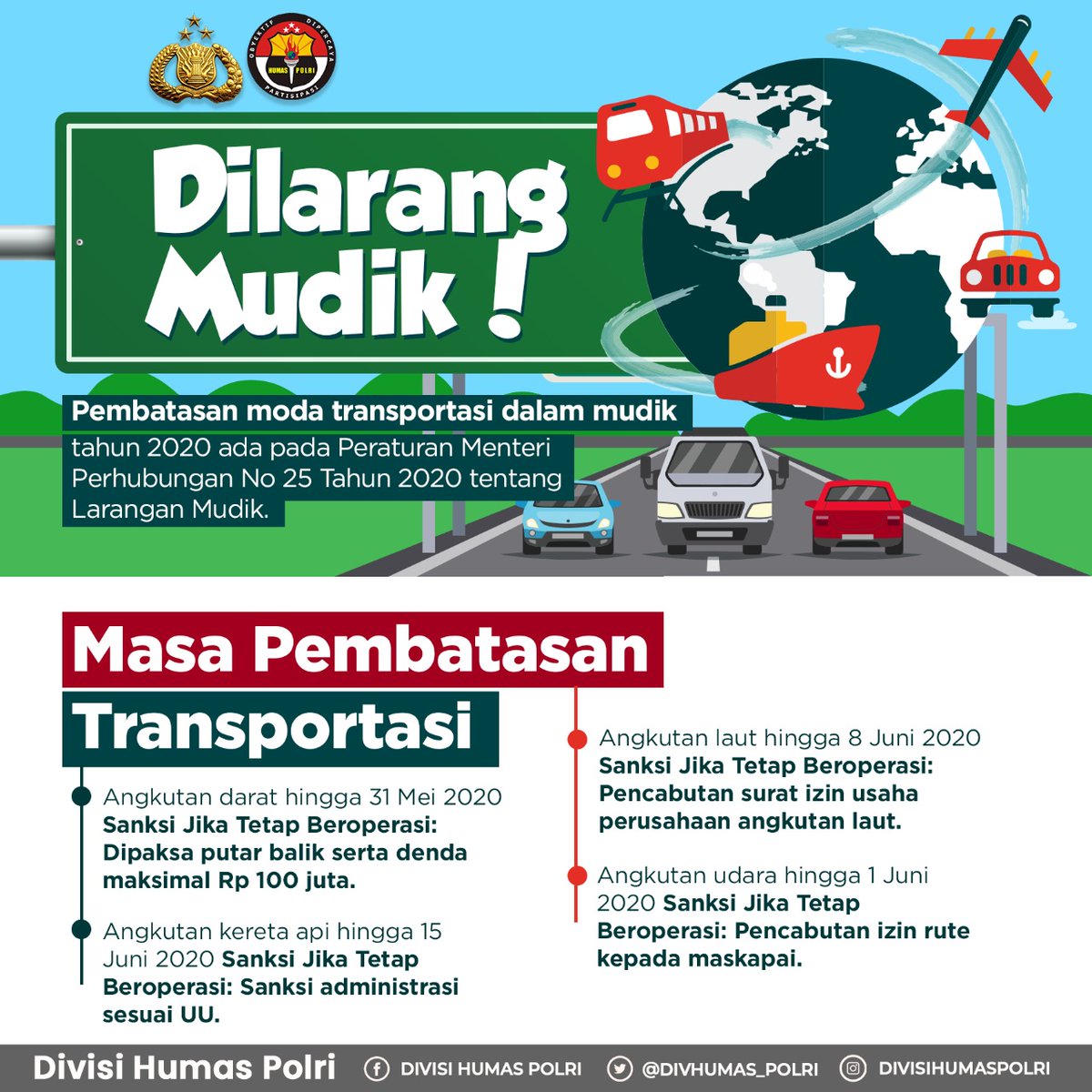 PolresBanjar's tweet photo. Pembatasan moda transportasi dalam mudik tahun 2020 ada pada Peraturan Menteri Perhubungan No 25 Tahun 2020 tentang Larangan Mudik

#OpsKetupatCegahCovid19 https://t.co/ISFRSI26De