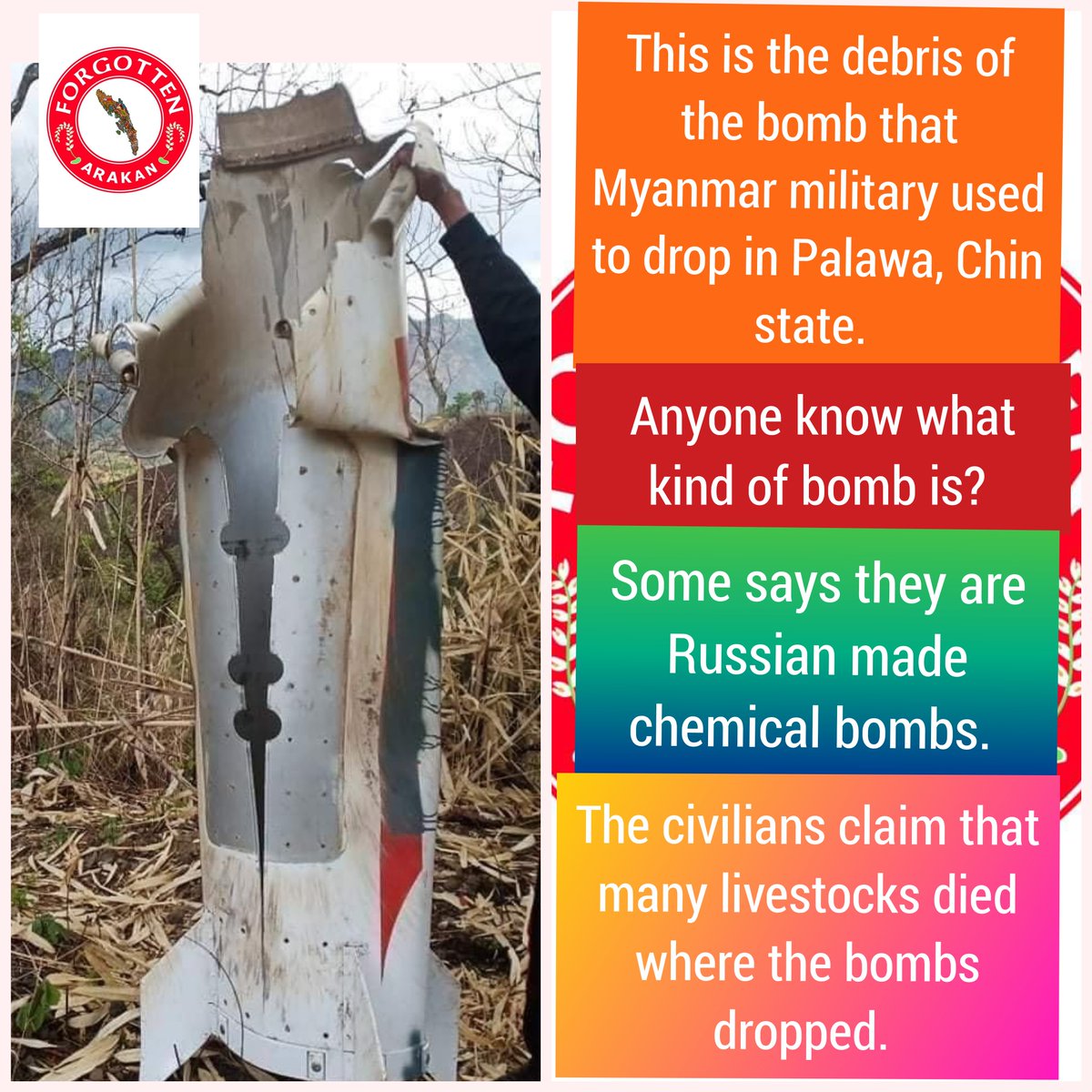 ArakanForgotten's tweet photo. Anyone know about this bomb? This the bomb that Myanmar military #Tamadaw dropped in Palawa. Can you confirm the type of this bomb? @UNGeneva @UNHumanRights @UN @ICRC @ICC @ICJ_org @govsingapore @FortifyRights @realDonaldTrump @BBCNews https://t.co/tl4S2rVvlD