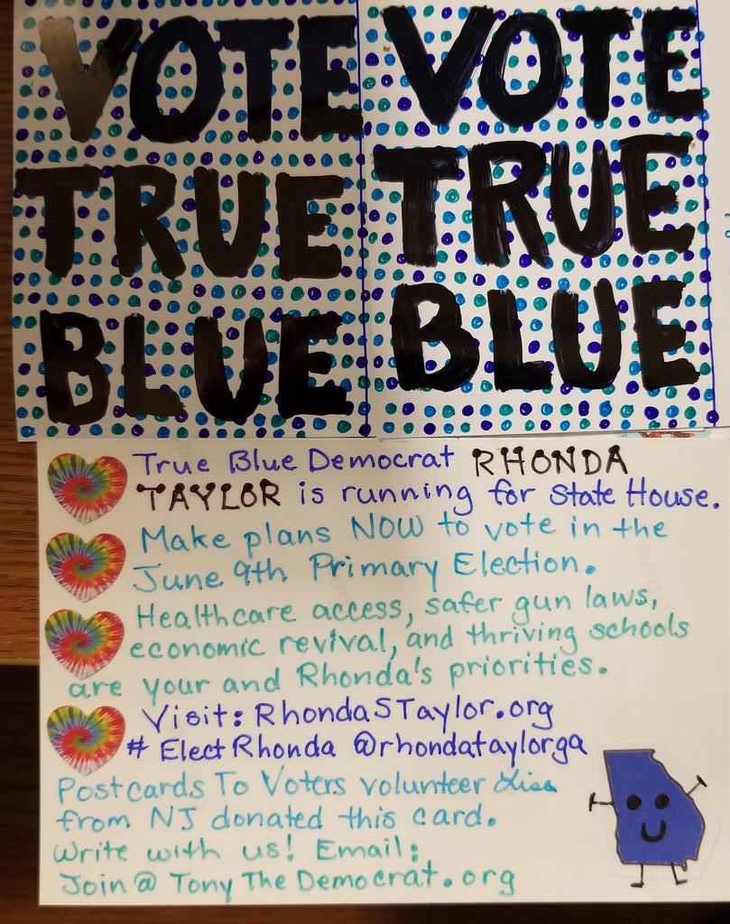 First 5 #PostcardsToVoters going from NJ to GA for True Blue Democrat Rhonda Taylor @rhondataylorga for Georgia State House. #ElectRhonda in June 9th Primary.