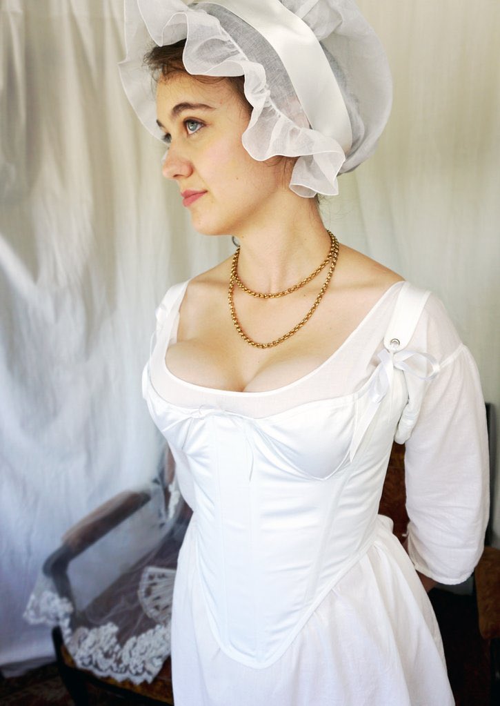 3) TRANSITIONAL STAYS. These suckers were the halfway point between the short, relaxed regency stays and the super stiff Georgian stays. Check those PERKY regency bust lines. ( http://Redthreaded.com )