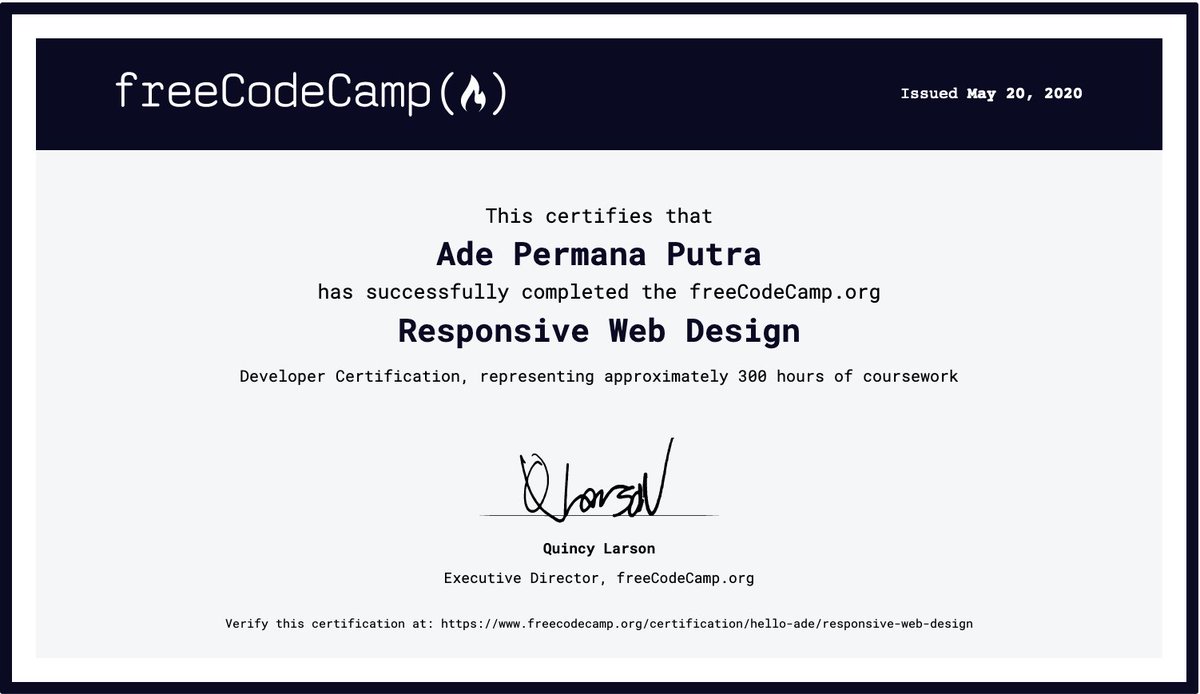 Achievement unlocked! 
Finished my first certificate "Responsive Web Design" from <a href="/freeCodeCamp/">freeCodeCamp.org</a>